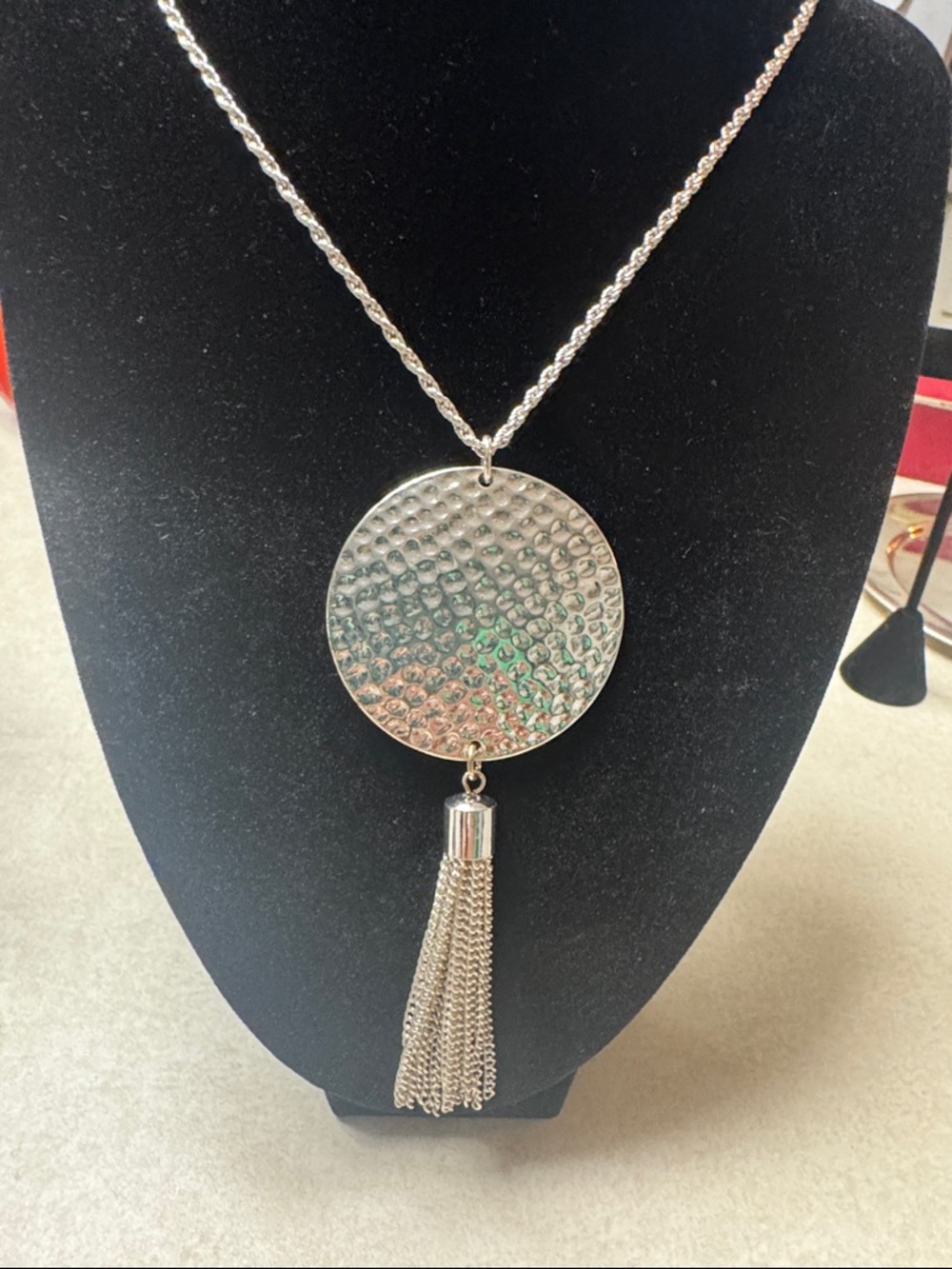 Silver-Tone Hammered Disc Tassel Necklace - Women Jewelry
